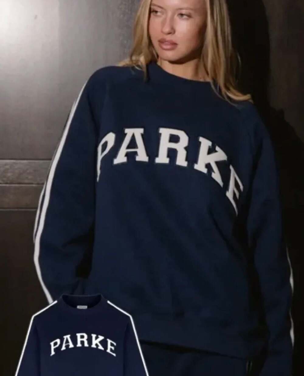 Sold out! PARKE Sport Stripe Mockneck Varsity Sweatshirt in Shadow Navy Blue